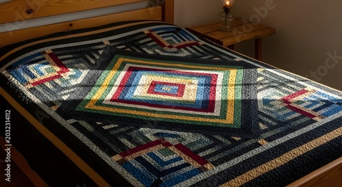 Hand-stitched Geometric Quilt Blanket on a Wooden Bed, Bathed in Warm Sunlight and Shadows