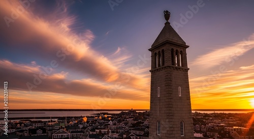 Aerial View of Pilgrim Monument Tower at Sunset with Streaking Clouds Over Provincetown Harbor