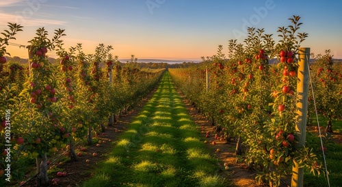 Bountiful Apple Orchard Rows with Ripe Red Apples Under a Warm Golden Sunset Sky