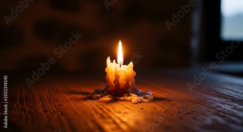 Melting Wax Candle with Dripping Wax on a Rustic Wooden Table in a Warm, Dark Ambiance