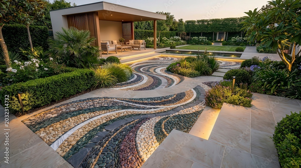 Luxury Landscape Design featuring Decorative Rock Work and Driveway Pattern 317