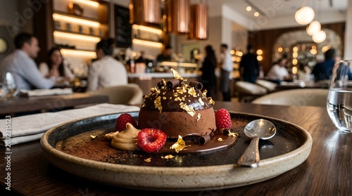 Luxury Chocolate Dessert with Gold Leaf and Fresh Raspberries