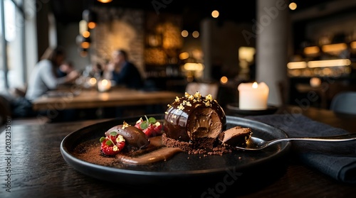 Luxury Chocolate Dessert with Gold Leaf and Fresh Raspberries