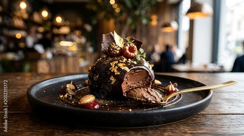 Luxury Chocolate Dessert with Gold Leaf and Fresh Raspberries