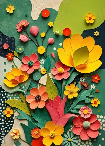 A vibrant paper collage bursting with handcrafted flowers in shades of yellow, coral, and pink, layered over bold green cutout shapes and polka-dot patterns. 