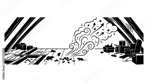 Bild auf Leinwand Black and white illustration of rodent infestation in an attic space