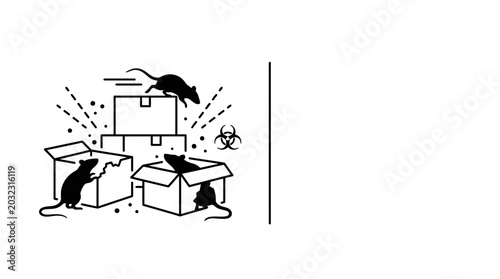 Photos Black and white illustration of rats invading cardboard boxes.