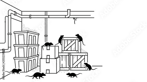 Photos Black and white illustration of rodents infesting a warehouse storage area