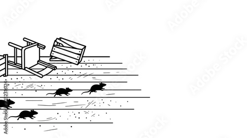 Fotografía Black and white illustration of several mice crawling on a wooden floor