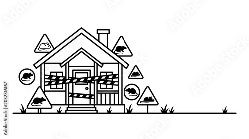 Photos Black and white line art illustration of a house infested with rodents and marked with warning signs
