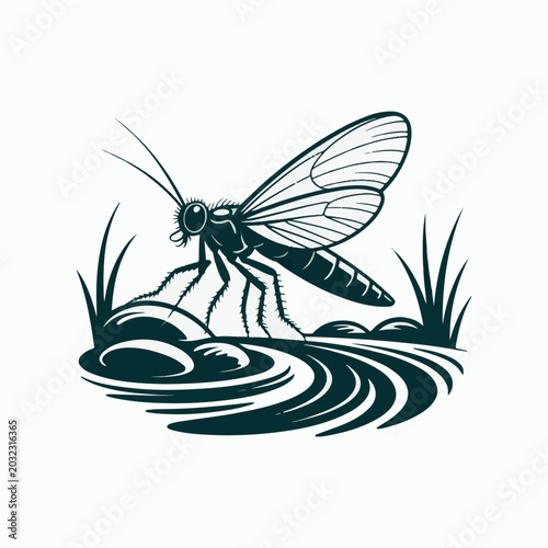 Schilderij op canvas Dark silhouette of a winged insect near a stream and rocks water