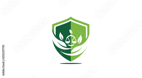 Green Shield with Scales of Justice and Leaves - Environmental Law Concept