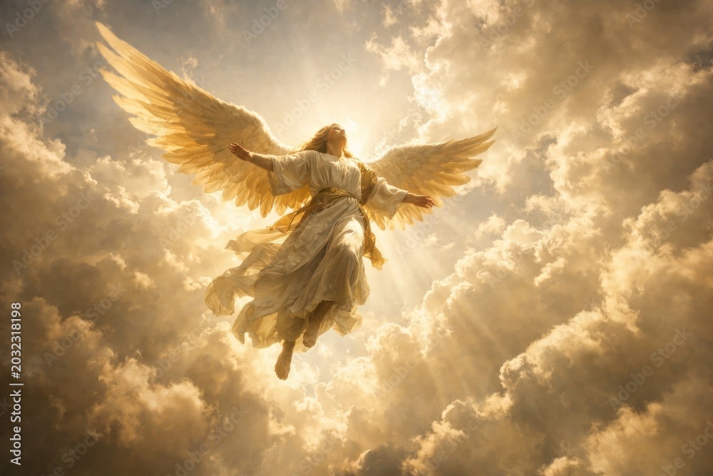 Obraz premium Heavenly angel amidst glowing clouds.