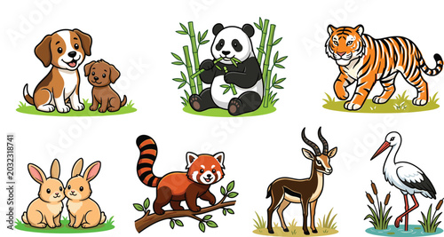 Canvas Print Vector illustration set of cute cartoon wild animals including panda tiger red p