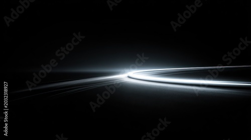 Glowing white light streaks curve across a dark background suggesting rapid motion