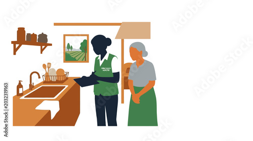 Konstfotografi Caregiver assisting an elderly woman in the kitchen.