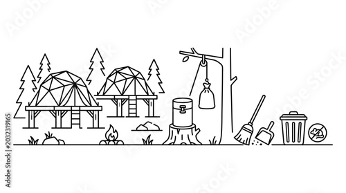 Tableau sur toile Camping site with geodesic dome tents and cleaning equipment line art illustration