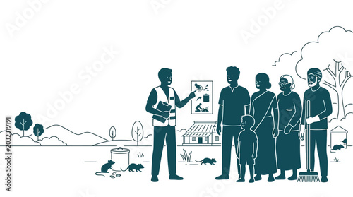 Foto Community health worker educating a group of villagers about pest control and disease prevention
