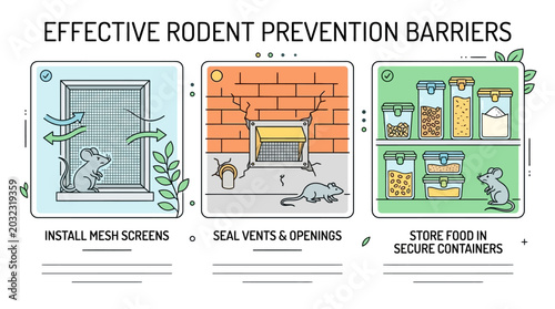 Obraz na płótnie Effective Rodent Prevention Barriers Infographic Showing Pest Control Methods