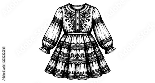 Cuadro en lienzo Decorative kids dress vector illustration old ink style hand drawn vintage cloth