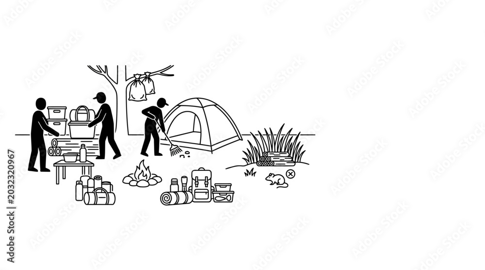 Fototapeta premium Group of People Setting Up a Campsite Illustration.
