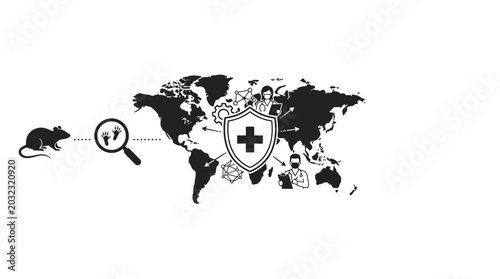 Global disease prevention concept with rat and shield symbol.
