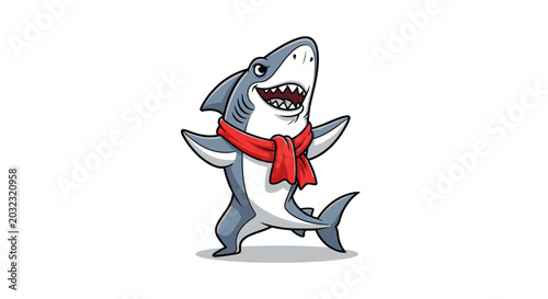 Billede på lærred Cute Cartoon Shark Mascot Wearing A Red Scarf