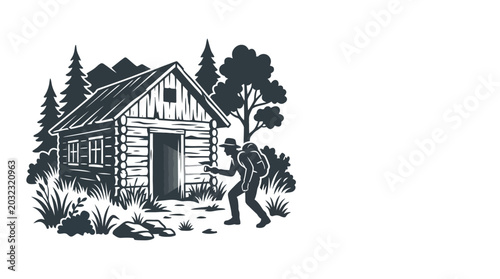 Photos Graphic illustration of a hiker arriving at a rustic wooden log cabin in the forest
