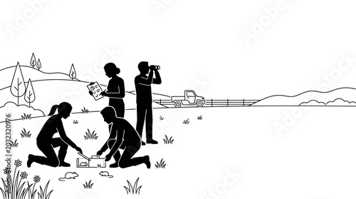 Bilde på lerret Group of scientists conducting field research in nature.