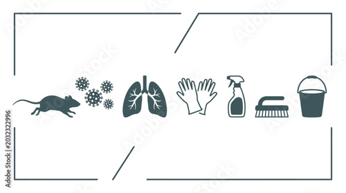 Bild auf Leinwand Icon set depicting rat infestation, respiratory health risks, and sanitation cleaning tools