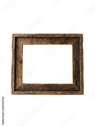 Rustic Wooden Picture Frame with Blank Center Isolated on Transparent Background