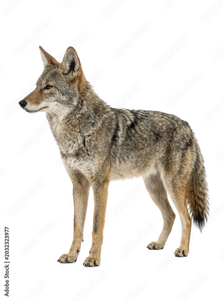 Fototapeta premium Coyote Standing Full Body Side View Realistic Wild Animal Illustration Isolated on Transparent Background