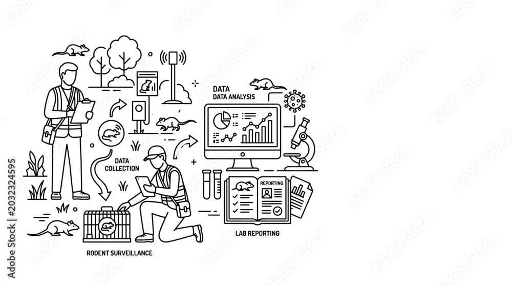 Αυτοκόλλητο Line art illustration of field biologists conducting rodent population research and data analysis
