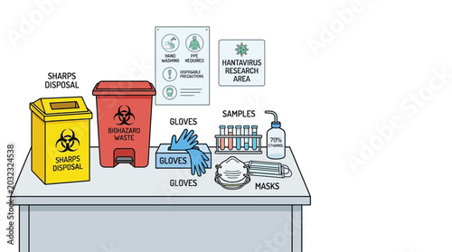 Photos Laboratory workbench setup with biohazard disposal containers and protective equipment