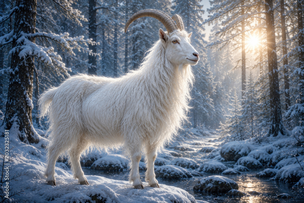 Obraz premium Beautiful White Goat Standing in Snowy Winter Forest at Sunrise