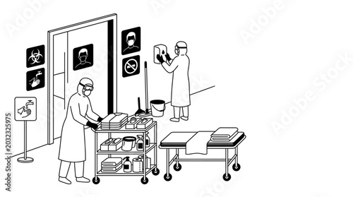 Quadro em tela Medical staff in protective clothing preparing hospital room.