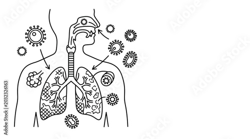 Outline illustration of human respiratory system infected by viruses.