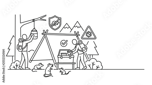 Cuadro en lienzo Outline illustration of campers storing food securely to prevent rodent infestation in the wild