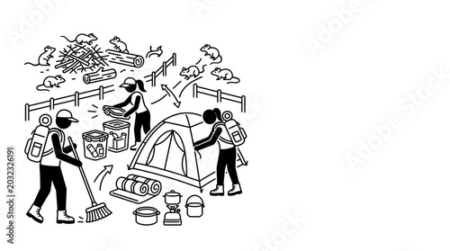 People Camping and Cleaning Up Campsite Outdoors Line Art Illustration.