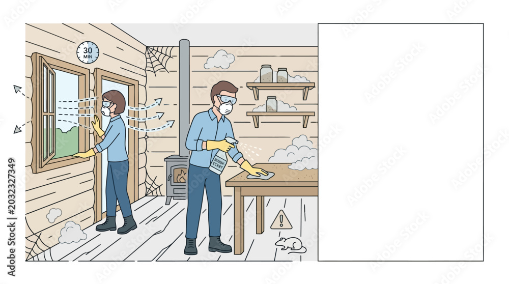 Αυτοκόλλητο People wearing protective masks and gloves cleaning a wooden room