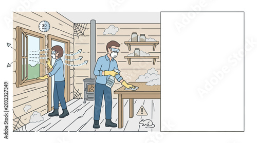 Φωτογραφία People wearing protective masks and gloves cleaning a wooden room