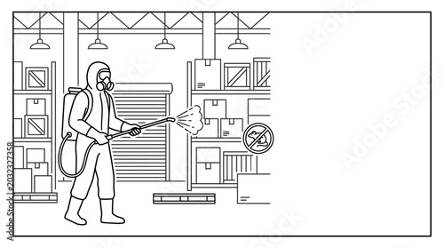 Tableau sur toile Person in protective hazmat suit sanitizing warehouse interior with chemical sprayer