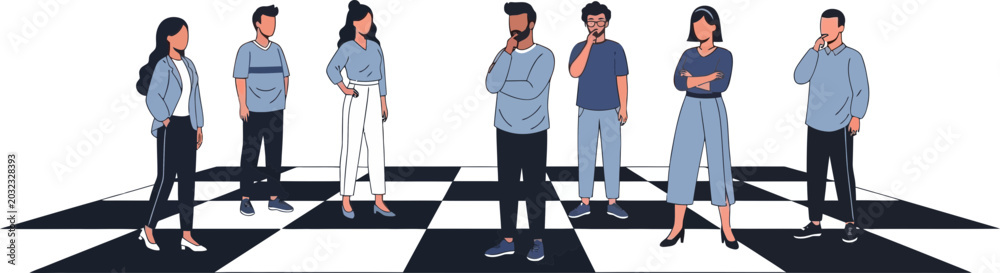 Obraz premium People standing on a giant chessboard with a king piece strategy vector