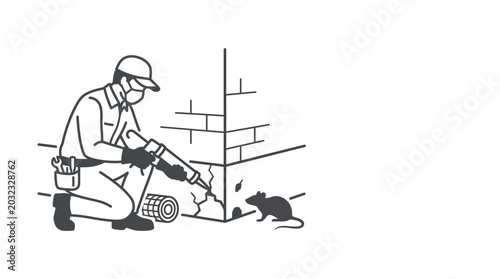 Foto Pest control technician sealing wall crack to prevent rodent entry