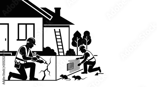 Obraz na płótnie Pest control technicians sealing house foundation and repairing cracks to prevent rodent entry