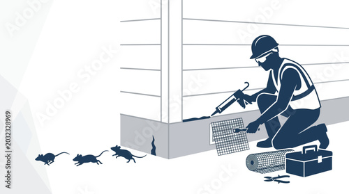 Foto Professional pest control worker sealing house foundation to prevent mice infestation