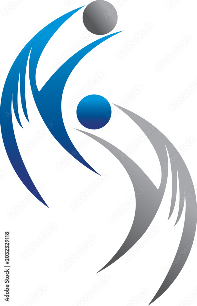 Obraz premium A sleek abstract vector logo featuring two dynamic human figures in flowing blue and grey curves, symbolizing teamwork, movement, growth, unity, and professional collaboration.