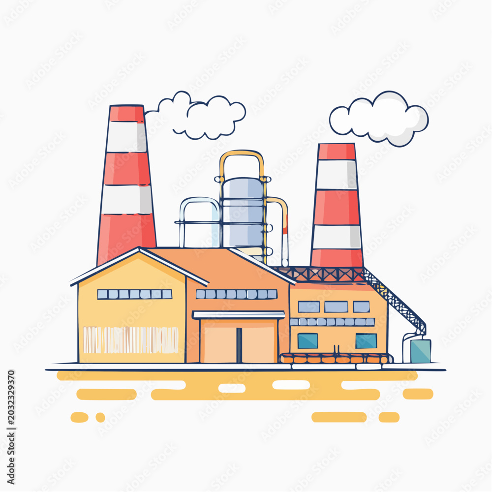 Naklejka premium Industrial Factory Building with Smokestacks and Clouds