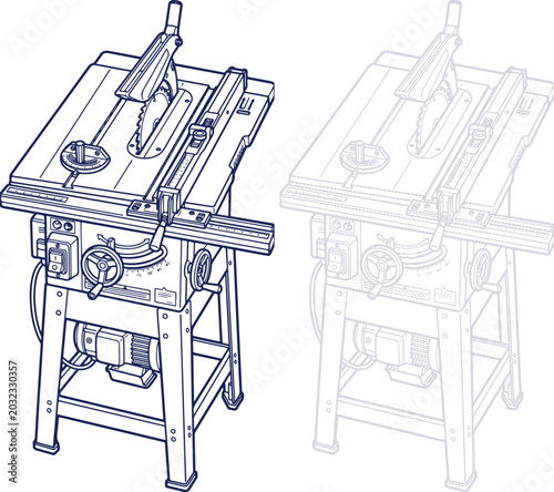 Table Saw Line Art Illustration Blueprint Style Isolated on White Background
