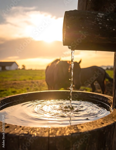 Water flows into horse trough outdoors.